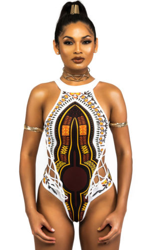 Kente African Print Bikini Women One-piece Backless Halter Swimsuit