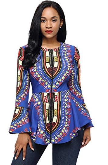HOTAPEI Women African Printed Slim Fit Long Sleeve Shirt Blouse Top