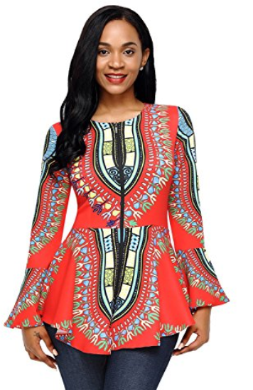 HOTAPEI Women African Printed Slim Fit Long Sleeve Shirt Blouse Top