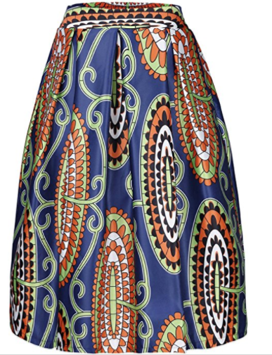 Loren African Print High Waist A-Line Pleated Midi Skirt