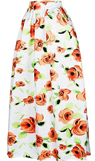 Rose Print High Waist A-Line Pleated Midi Skirt