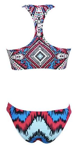 Womens Multicolor Blue Tribal Boho Two Piece High Neck Bikini Swimsuit