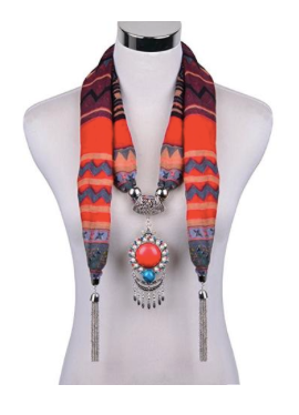 WOMEN'S VINTAGE ETHNIC JEWELRY PENDANT NECKLACE VOILE PATTERN FRINGE SCARF