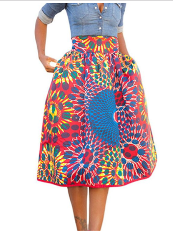Shalene African Print High Waist A-Line Pleated Midi Skirt