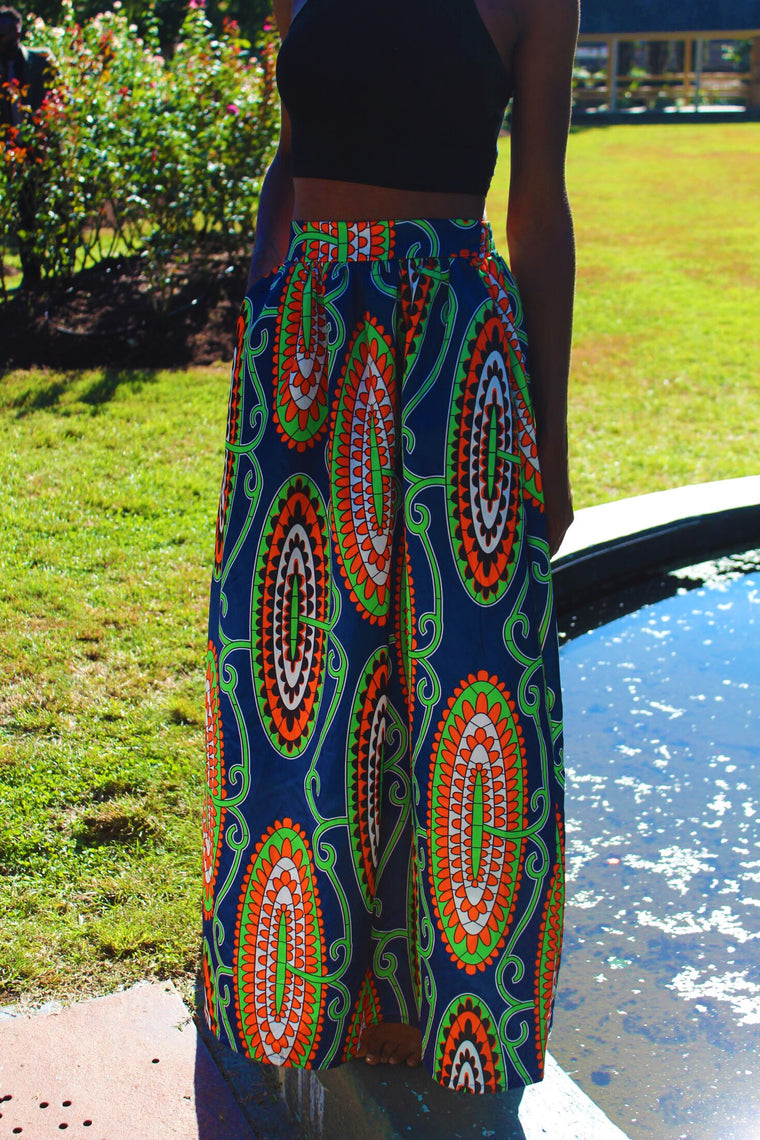 Loren African Print High Waist A-Line Pleated Midi Skirt